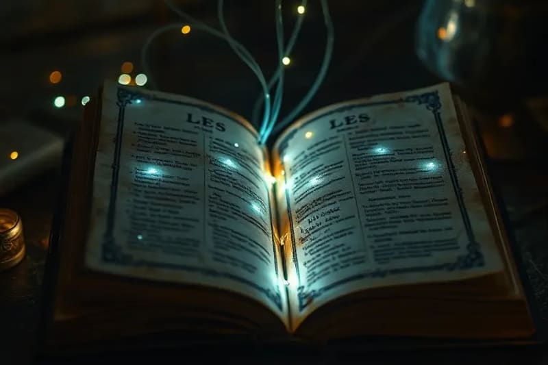 Libro antiguo de profecías junto a componentes tecnológicos modernos.