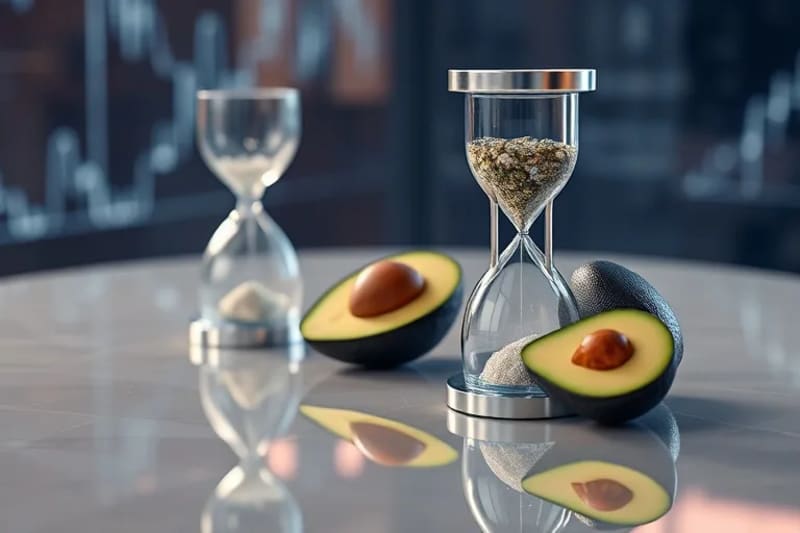Bodegón conceptual con reloj de arena, aguacate, agua y dispositivo tecnológico.