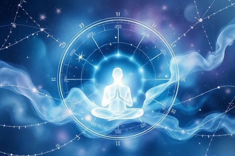 Una persona meditando en un espacio etéreo y futurista, rodeada de proyecciones luminosas y fluidas que forman patrones cósmicos, representando una meditación guiada inmersiva con IA.