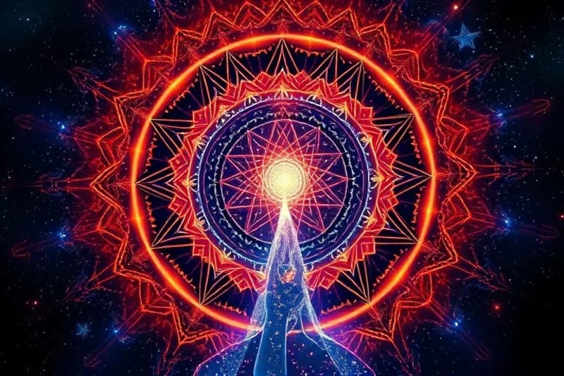 Vibrant digital painting of human energy field expanding with luminous pathways into a starry void.