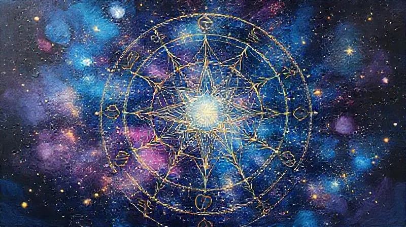 Abstract art depicting a luminous, interconnected network of lines and geometric shapes forming a cosmic map.