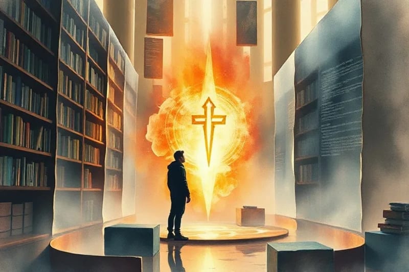Biblioteca futurista con símbolos místicos proyectados por cristales de datos