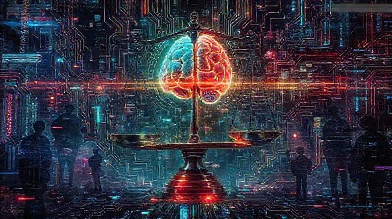 Pintura digital de una balanza compleja, con un cerebro humano en un platillo y una placa de circuito avanzada en el otro, rodeada de líneas abstractas y figuras sombrías que representan dilemas éticos y morales.