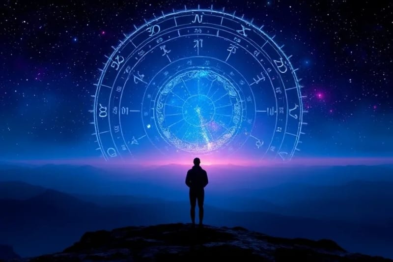 Figura silueteada frente a un paisaje digital con constelaciones zodiacales, simbolizando el inicio de una búsqueda personal en el mundo virtual.