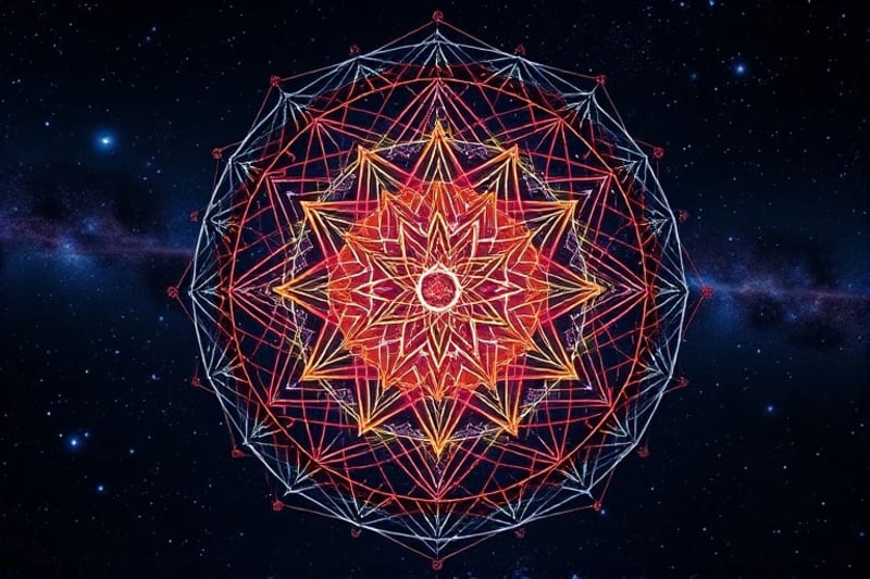 Abstract digital network with planetary symbols and astrological aspects, representing interconnected minds and AI algorithms.
