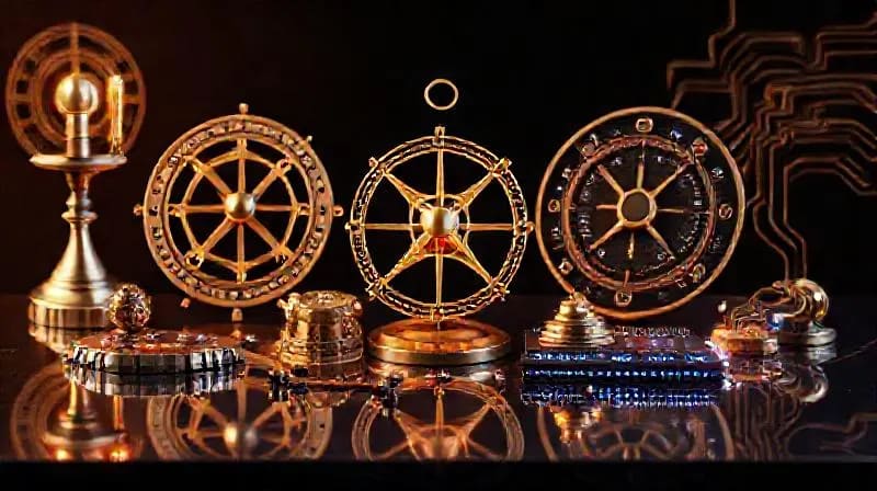 Ancient astrological instruments juxtaposed with modern AI hardware, symbolizing the fusion of ancient wisdom and future technology.