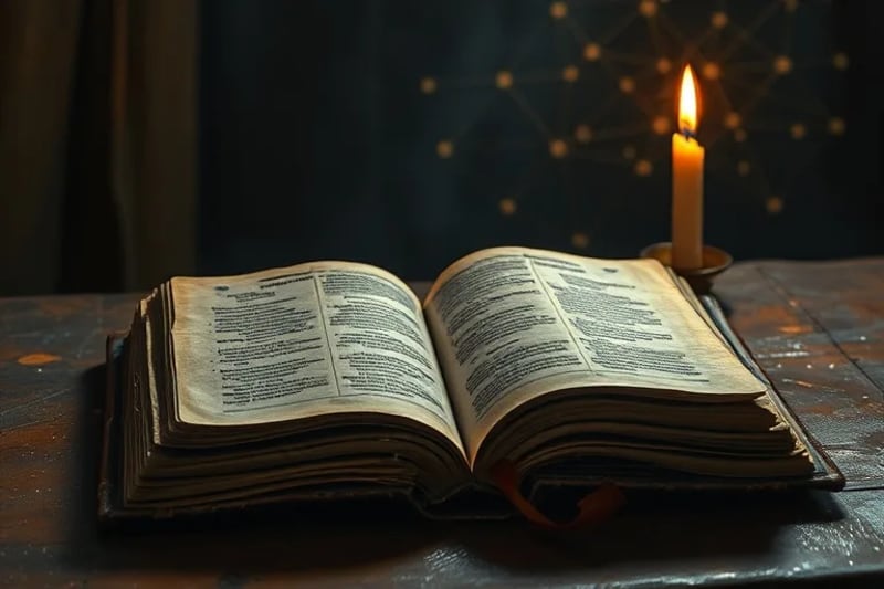 Libro antiguo abierto con vela, circuitos y patrones de red neuronal difuminados