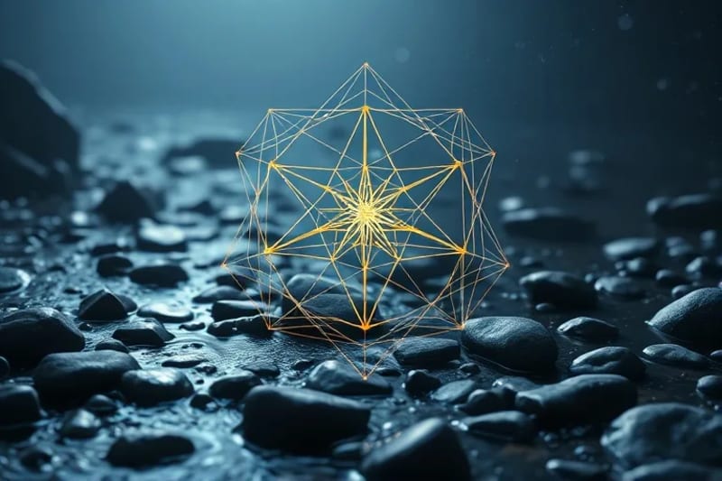 3D render of abstract shapes and natural elements symbolizing energy flow.