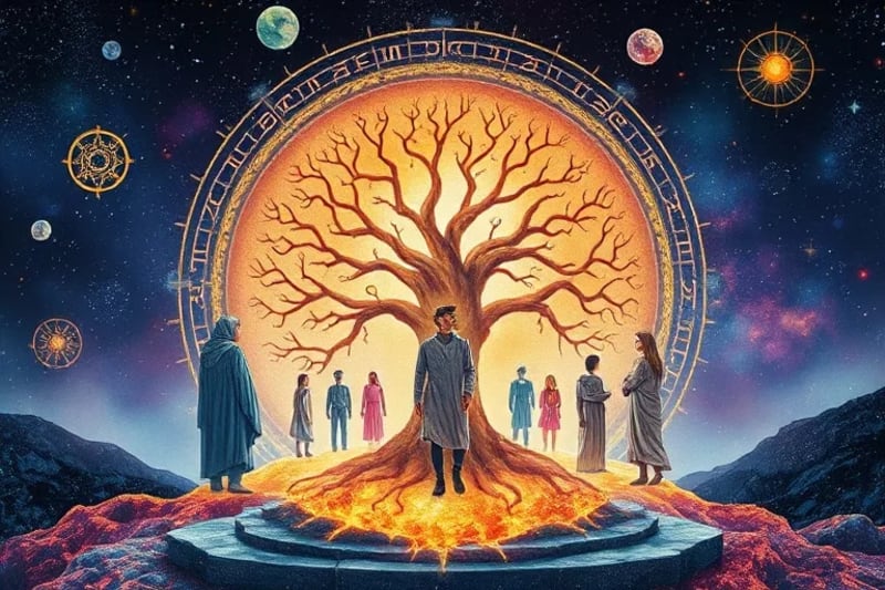 Grupo de personas meditando alrededor de un círculo rúnico de acuarela, con un árbol celta de fondo
