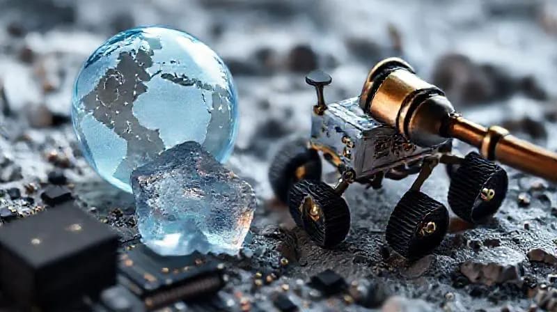 Bodegón conceptual que muestra un rover lunar en miniatura, un mazo legal y una proyección holográfica de la Tierra, simbolizando la ley y los recursos espaciales.