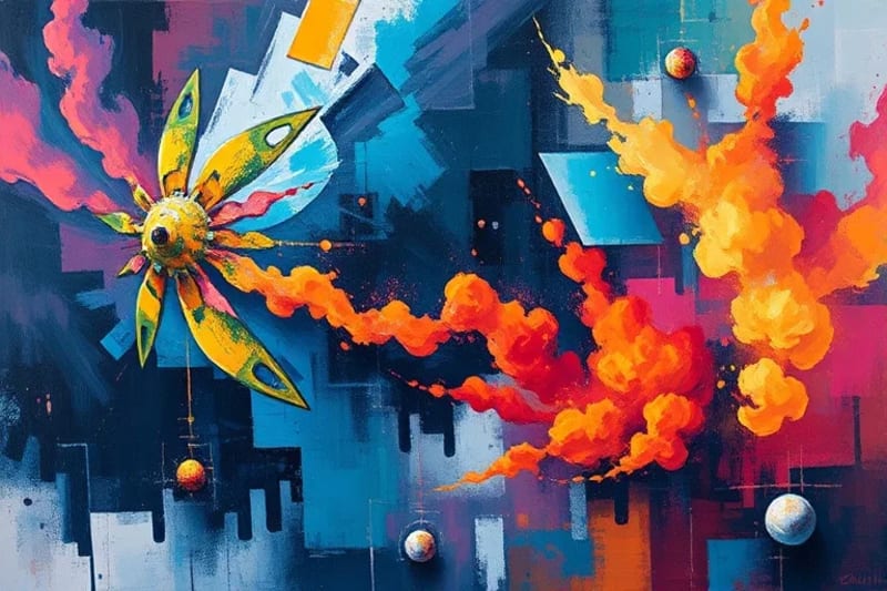 Pintura abstracta al óleo que ilustra la tensión entre la exploración espacial y la conservación, con nebulosas de colores y líneas geométricas que simbolizan límites legales.