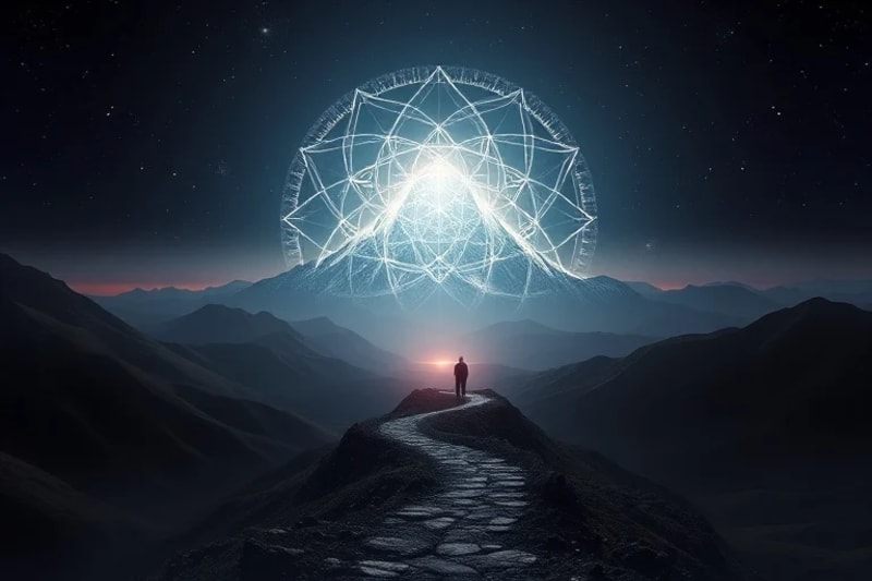 Abstract cosmic landscape with a winding path towards a radiant mountain