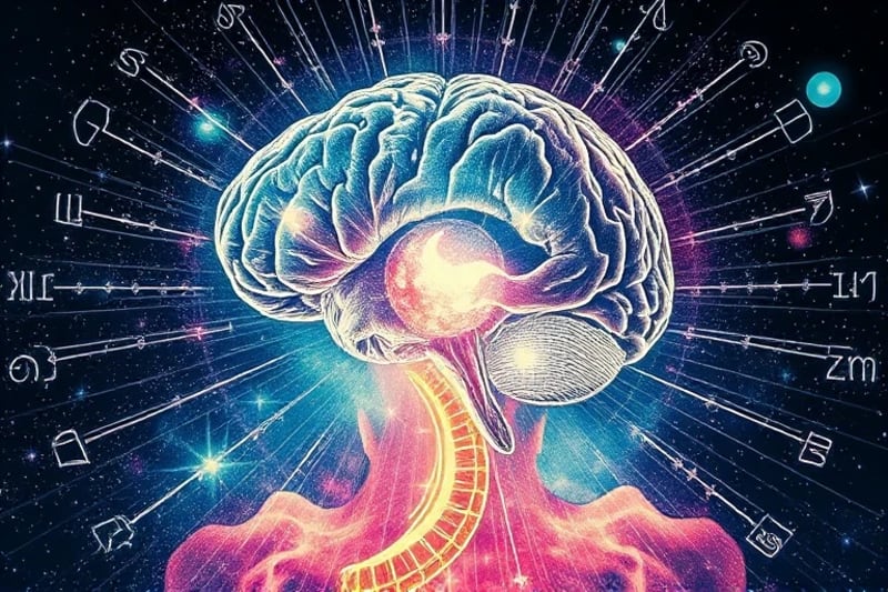 Cerebro humano con vías neuronales iluminadas por energía cósmica