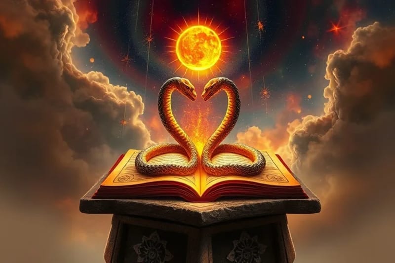 Dos serpientes entrelazadas ascendiendo hacia una esfera celestial, rodeadas de símbolos andinos y cósmicos, representando el Pachakuti.