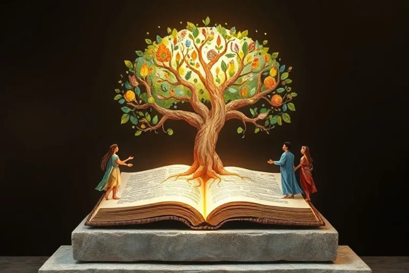 Árbol de la vida estilizado con símbolos indígenas y figuras humanas unidas, representando armonía y conexión intercultural.