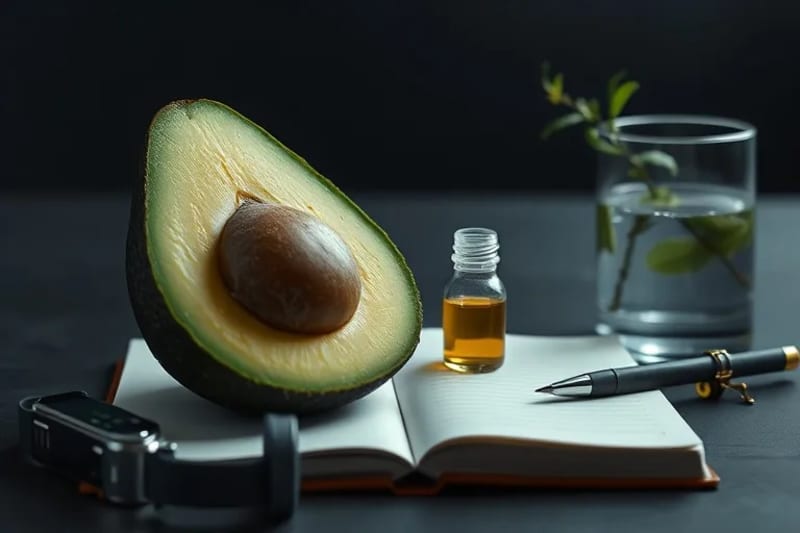 A minimalist still life featuring an avocado, essential oil vial, wearable tech, a journal, and water with an herb, symbolizing precise and natural wellness tools.