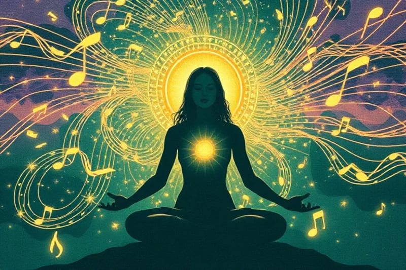 Meditative figure surrounded by musical notes transforming into light particles, symbolizing healing frequencies.