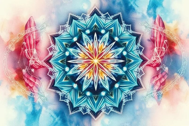 Abstract watercolor patterns of sound waves interacting with crystal formations, symbolizing manifestation.