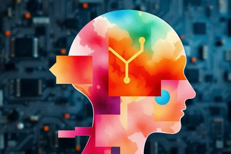 Pintura acuarela abstracta de una silueta de cabeza humana con pensamientos coloridos, y formas oscuras externas que representan la influencia de la IA