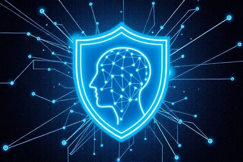 Escudo de protección con patrón de circuito cerebral estilizado, rodeado de formas geométricas que representan datos digitales y marcos legales