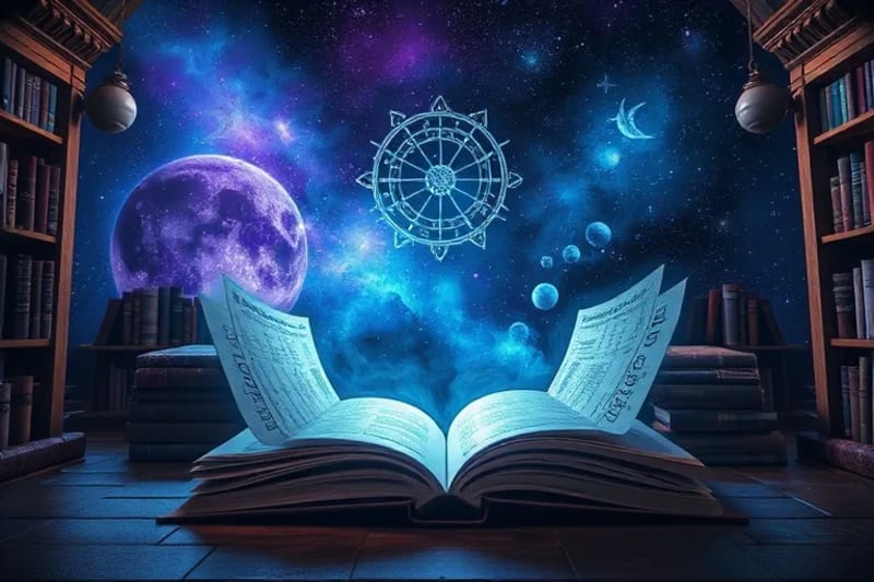3D render of a cosmic library with holographic books and astrological symbols