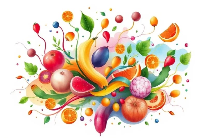 Ilustración acuarela de alimentos fermentados y probióticos, simbolizando un microbioma intestinal equilibrado