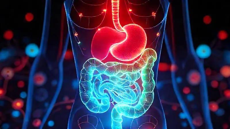 Render 3D futurista de vías energéticas y absorción de nutrientes en el sistema digestivo, con microelementos bacterianos