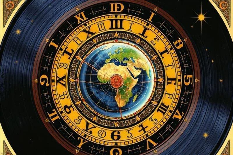 Reloj cósmico con engranajes planetarios y símbolos meteorológicos.