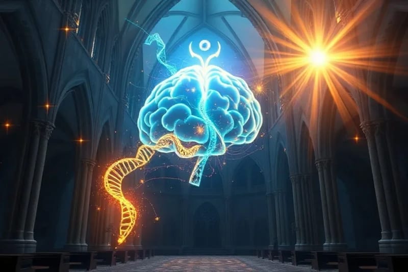 Ilustración digital de un cerebro con vías neurales interconectadas con una hélice de ADN brillante, fusionando símbolos de fe y fórmulas científicas.
