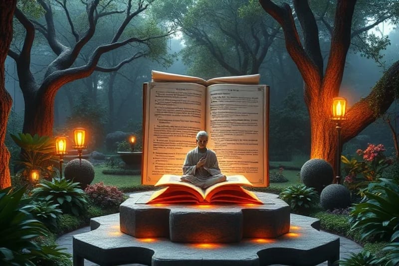 Render 3D de un santuario interior con una figura abstracta en meditación, rodeada de interfaces digitales flotantes que muestran afirmaciones y visualizaciones de energía curativa.