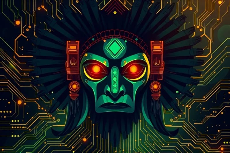 Ancient artifacts with circuit boards and data streams
