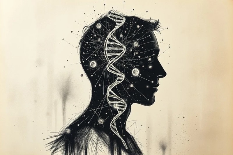 Abstract digital painting of a human silhouette with data points, surrounded by personalized treatment symbols