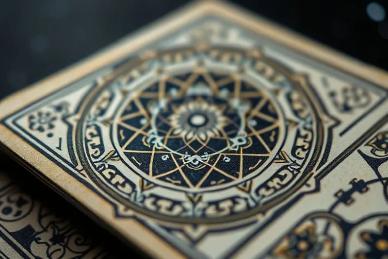Macro close-up of antique Tarot card edge with integrated quantum dots