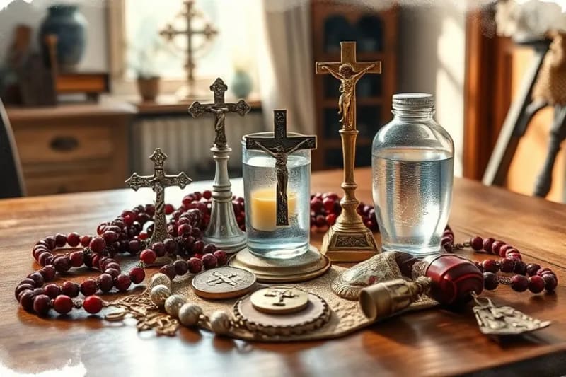 Composición de objetos devocionales como rosario, agua bendita, medalla y crucifijo en una mesa