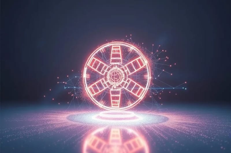 3D render of glowing data streams converging into a medical symbol, representing data integration