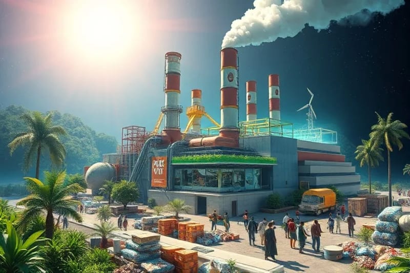 Representación de una fábrica moderna con emisiones limpias, rodeada de naturaleza y personas colaborando en el reciclaje.