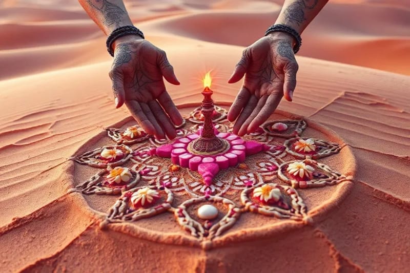Manos realizando un ritual de arena con flores y piedras