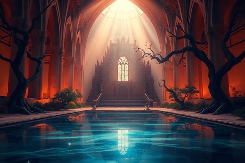 Oasis desértico al atardecer, reflejando estrellas