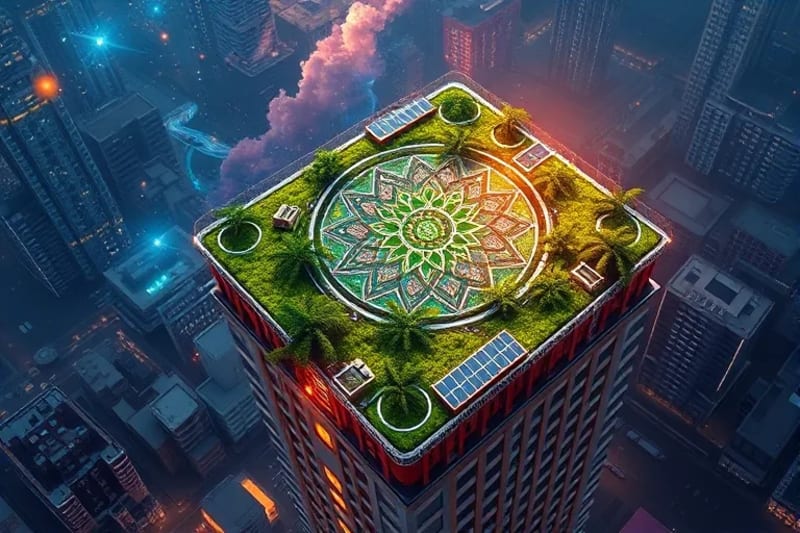Techo verde geométrico en rascacielos con paneles solares y vegetación