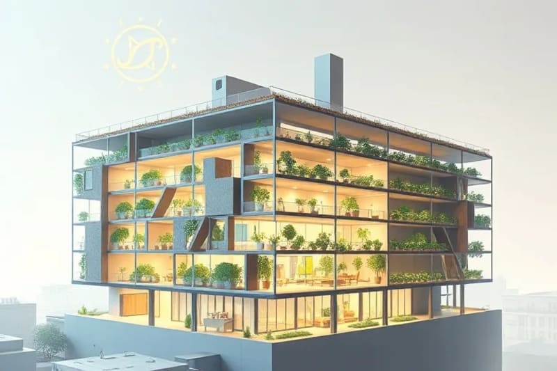 Edificio urbano ecológico con granjas verticales y sistemas de recolección de agua