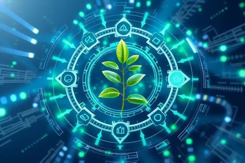 Diagrama de flujo de economía circular con elementos de reciclaje y reutilización