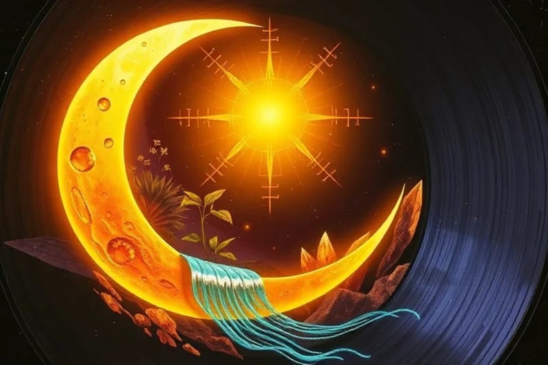 Representación digital abstracta y vibrante de la abundancia fluyendo de una luna creciente dorada, con luz que cae sobre plantas estilizadas, agua y cristales brillantes, en colores cálidos y ricos.