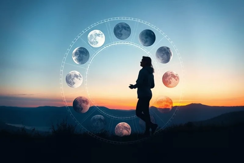 Pintura de acuarela de un ciclo lunar completo (luna nueva, creciente, cuarto, gibosa, llena, menguante) en patrón circular, cada fase conectada a un elemento simbólico como intención, crecimiento, liberación y gratitud, con tonos suaves y fluidos.