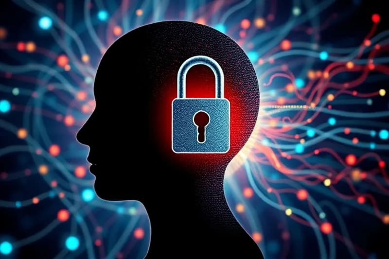 Ilustración abstracta de una silueta de cabeza humana con un candado digital sobre ella, rodeada de líneas de código y datos, simbolizando la privacidad mental y la seguridad en el entorno digital.