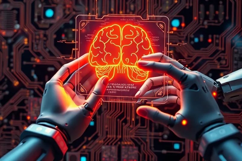 Imagen conceptual de manos, una humana y otra robótica, interactuando con una interfaz holográfica que muestra patrones cerebrales y pautas éticas, representando el debate y los marcos legales para la neurotecnología.
