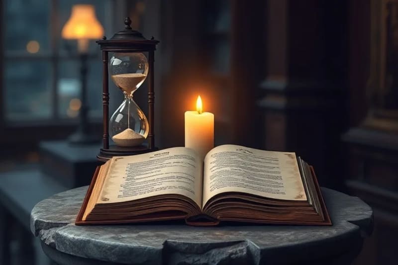 Un reloj de arena, una vela encendida y un diario abierto sobre una mesa de madera, con luces de ciudad borrosas al fondo.