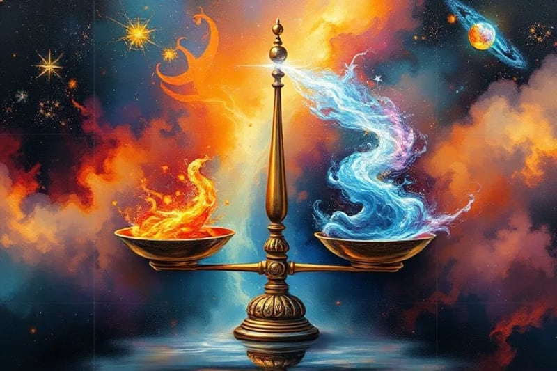 Una balanza cósmica equilibrando el karma pasado (fragmentos etéreos) con el potencial de evolución del alma (figura radiante).