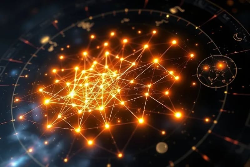 Una red intrincada de hilos luminosos y caminos energéticos que forman una representación abstracta de la conciencia, con nodos brillantes que simbolizan la comprensión kármica.