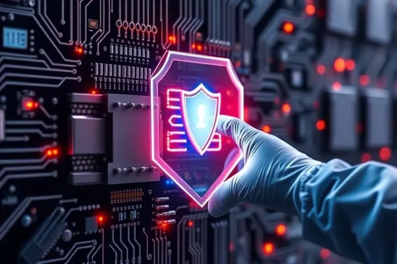 Abstract 3D render of a digital shield protecting industrial machinery with holographic interfaces and a technician's hand interacting with AR data.