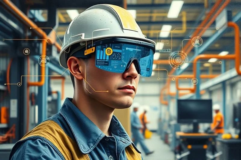 Clean vector art illustrating a factory worker wearing AR glasses, with digital overlays showing maintenance instructions and real-time data on machinery.